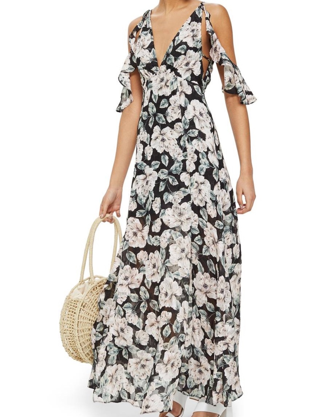 Topshop Black Floral Cold-Shoulder Maxi Dress